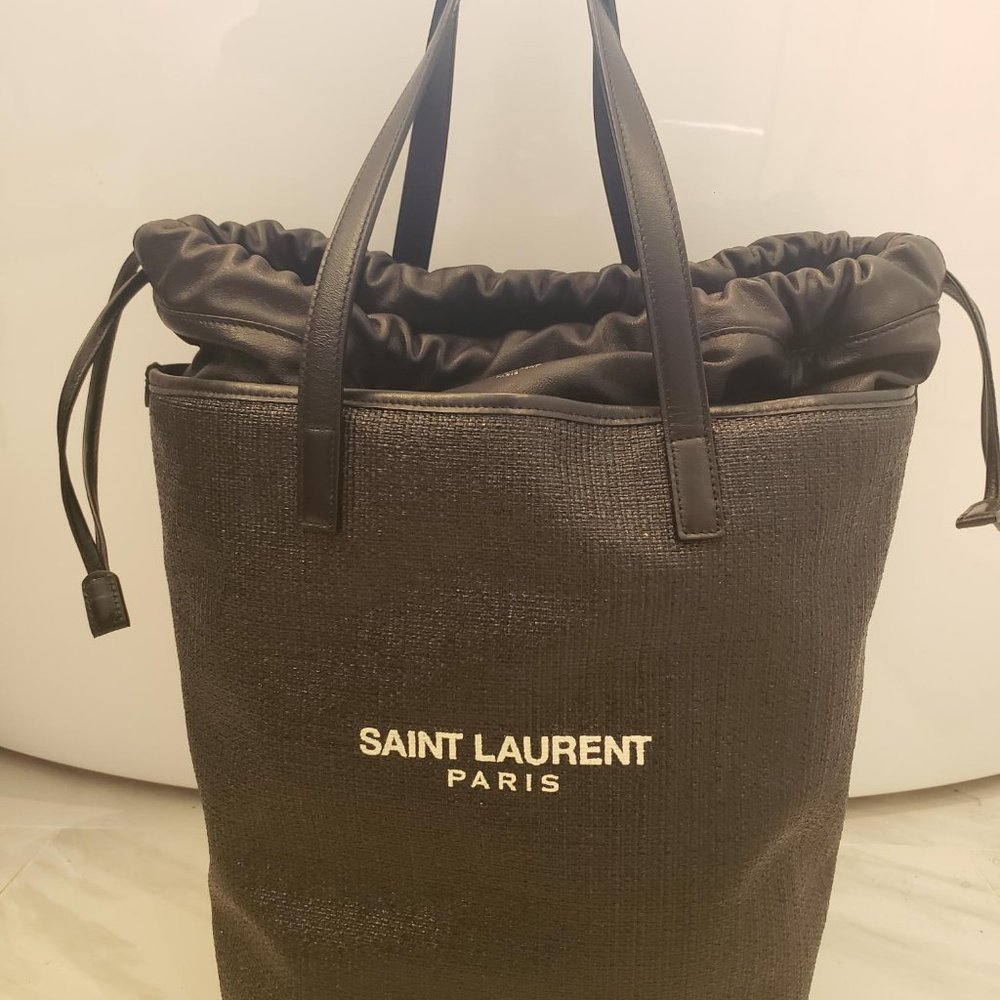 YSL Saint Laurent black Teddy Raffia Drawstring Tote bag
